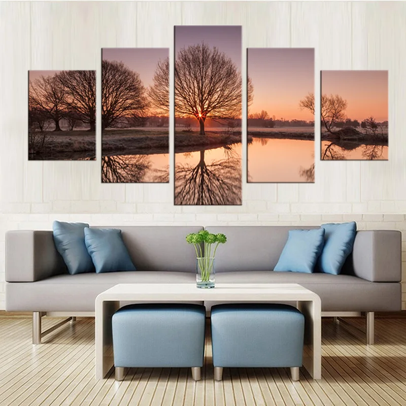 5 panel printing tree art sunset landscape picture big canvas painting bedroom living room home wall decoration | Дом и сад