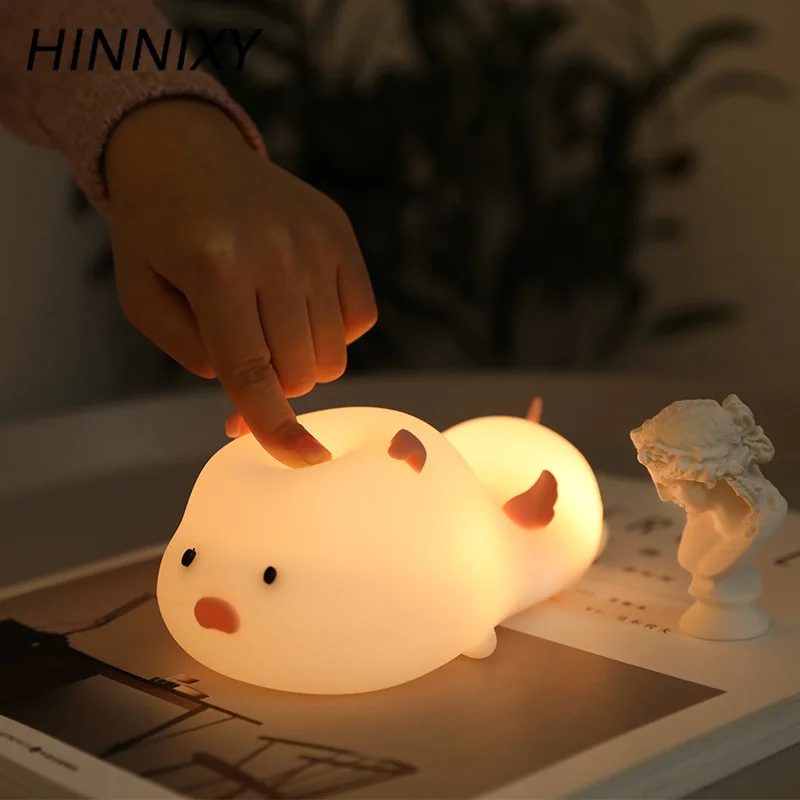 Hinnixy Милая свинья Ночник детская прикроватная LED ГРМ розовый синий красочные USB