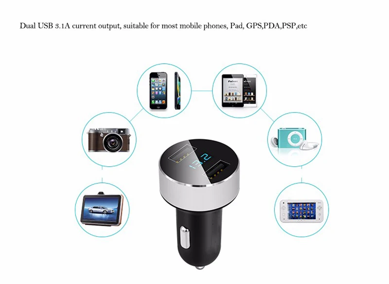 Автомобильное зарядное устройство Mini Dual USB со светодиодным дисплеем для Peugeot 307 308