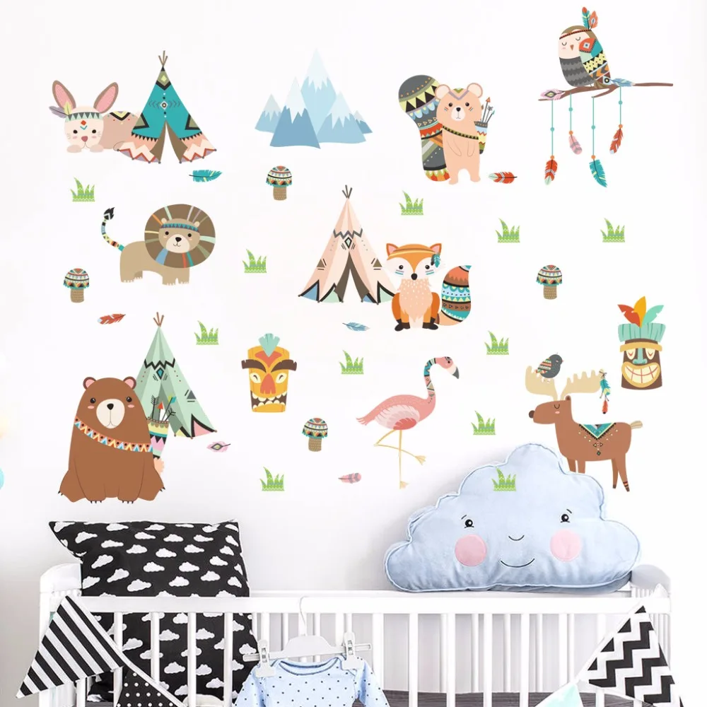Indian style cartoon animals wall stickers kids room bedroom nursery decor decals eco-friendly diy wallpaper art murals dc8 | Дом и сад