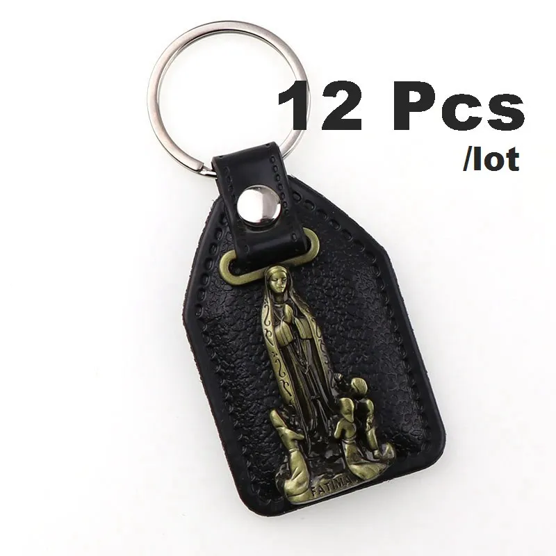12pcs As Photo 12 шт., брелок для ключей из искусственной кожи, католический Шарм, подвески для мужчин, черная бирка, антикварная бронзовая позолота, крючок, ключ, религиозные брелки - Цвет: 12pcs As Photo