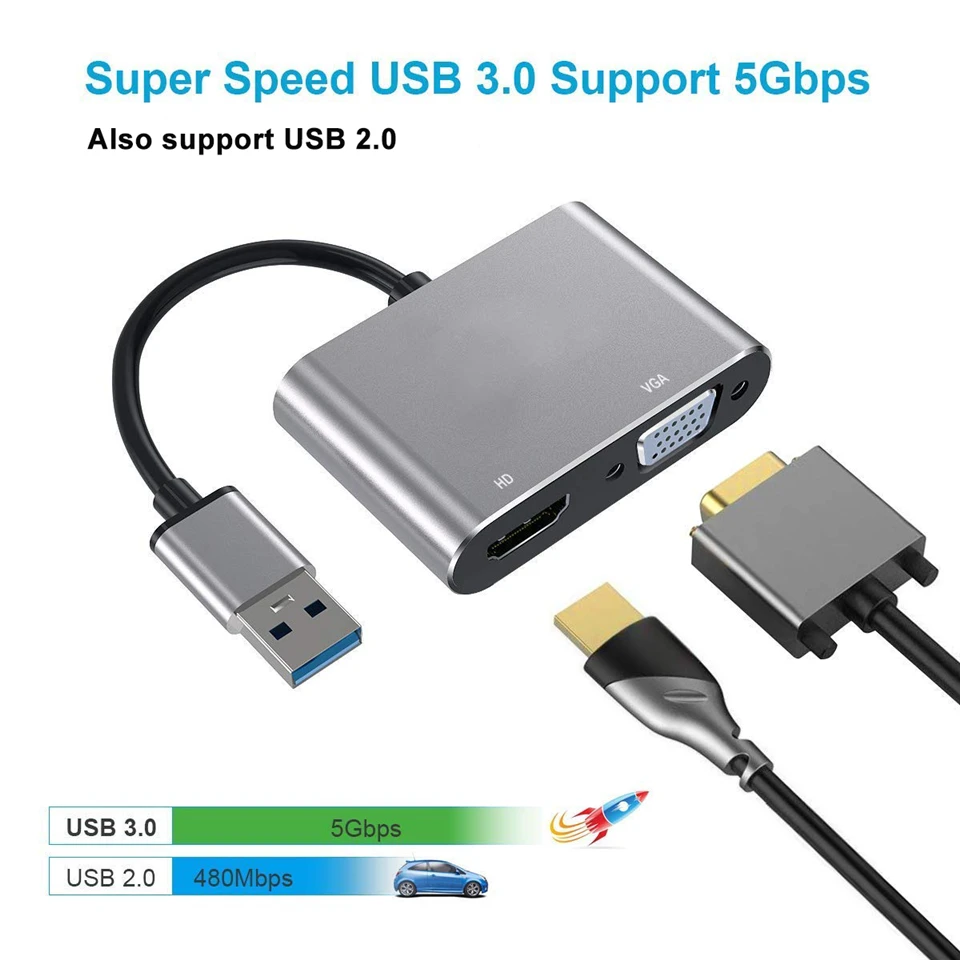 

Высококачественный адаптер USB 3,0-HDMI VGA с двойным дисплеем, кабель-преобразователь USB в VGA HDMI для компьютера 1080P MacBook Windows 7/8/10
