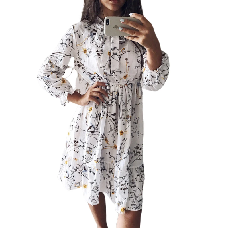 Платье женское шифоновое средней длины с поясом на резинке и длинным рукавом |