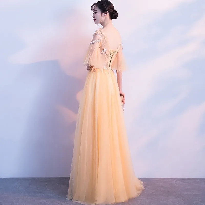 Длинные шифоновые вечерние платья для женщин 2019 золотистые трапециевидные с