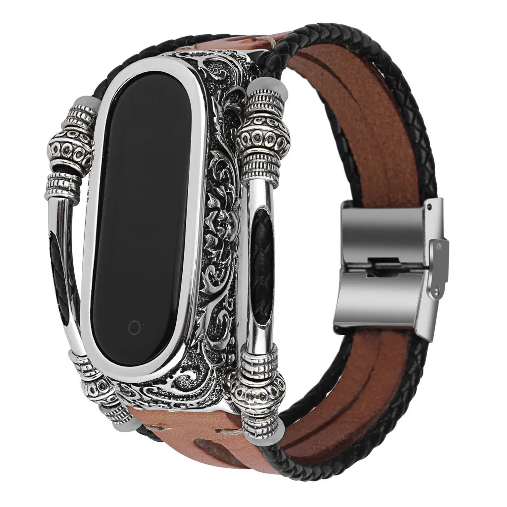 Fashion Retro Men Watch Accessories For Xiaomi Mi Band 4 Replacement Leather Wristband Strap+ Metal Case High-end Gifts | Наручные часы