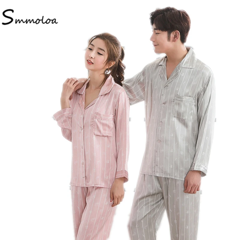 Smmoloa/Новое поступление весенние шелковые пижамные комплекты для пары полосатые