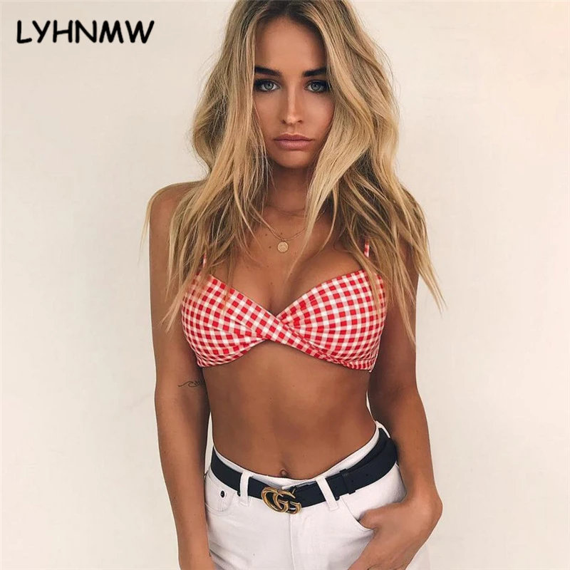 Lyhnmw мода плед Спагетти ремень спереди крест Бюстье Растениеводство Топ 2018 Лето