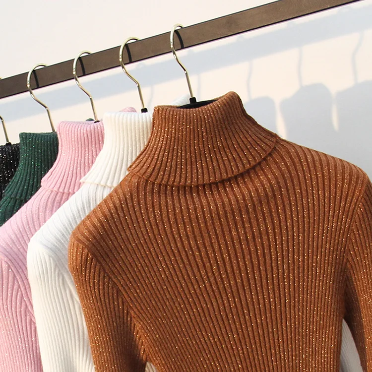 Женский Блестящий свитер-водолазка с люрексом BYGOUBY вязаный теплый Топ длинным