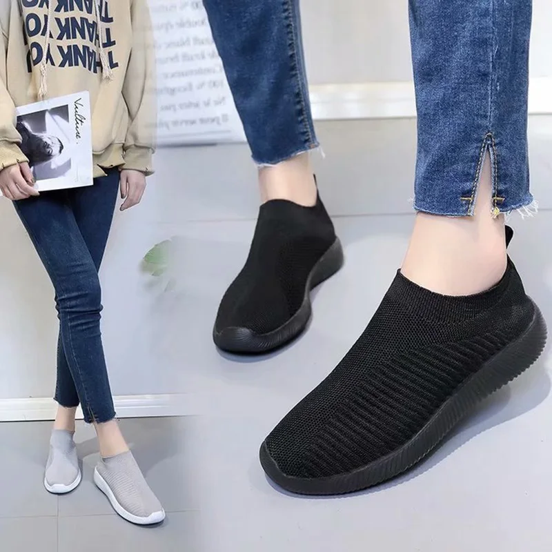 

2019 Hot Women Flat Shoes Breathable Knitted Mesh Walking Sneakers Soft Sock Shoes ALS88