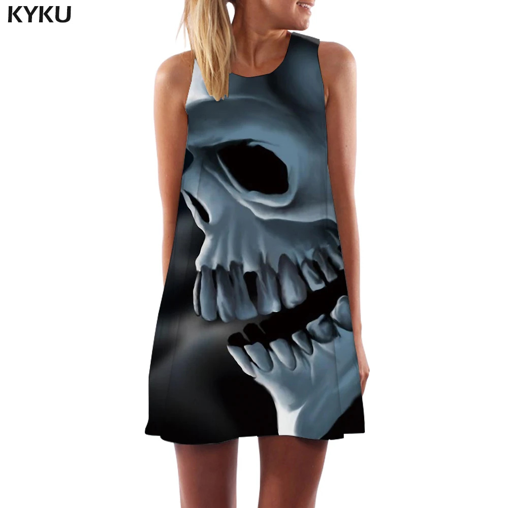 Бренд KYKU, платье с черепом, для женщин, граффити, Vestido, сексуальный черный, косплей, бохо, готический, 3d принт, женская одежда, элегантная