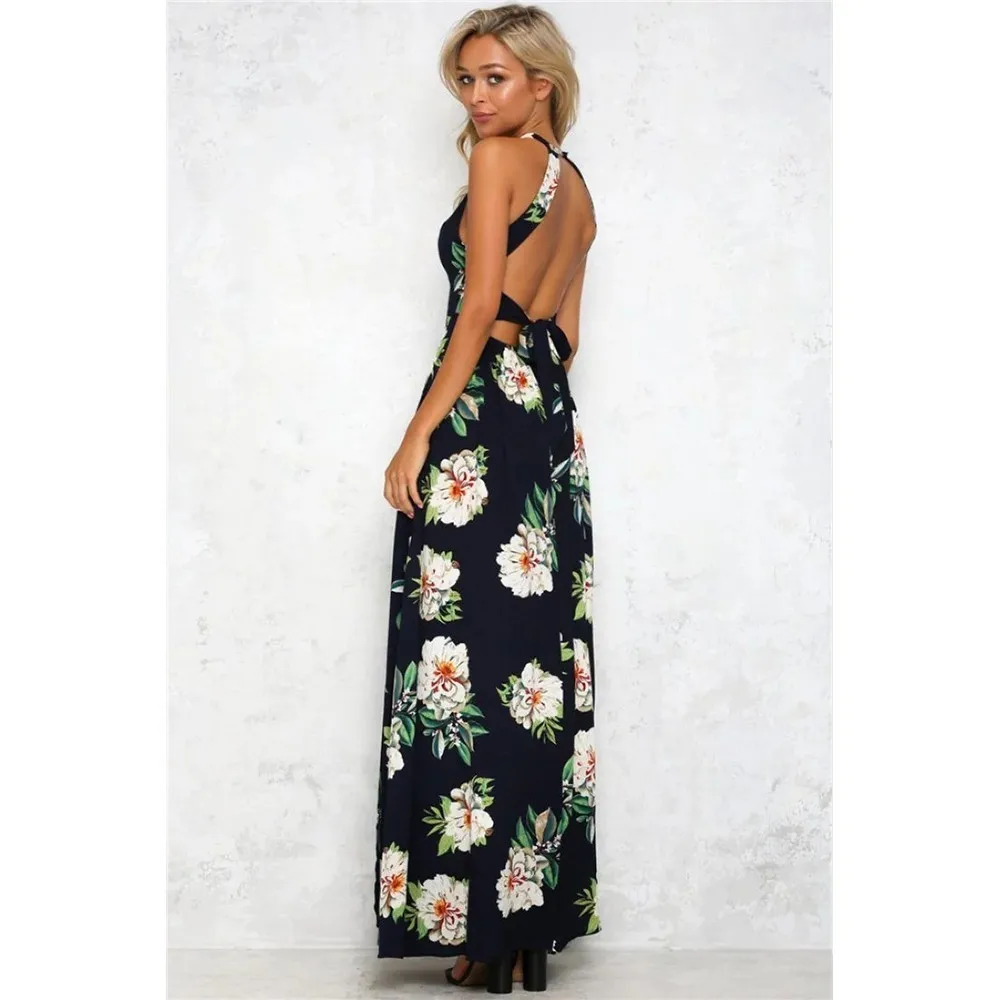Loneyshow Summer Women Bohemian Sexy Dress Halter V Neck Sleeveless Lace Ankle Length Retro | Женская одежда