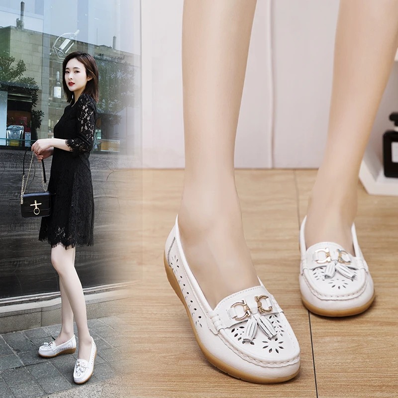 AURONET Soft Leather Hollow Women Ballet Flats Shoes Slip On Loafers Women'S Moccasins Boat Shoes Large Size Spor Ayakkabi Bayan