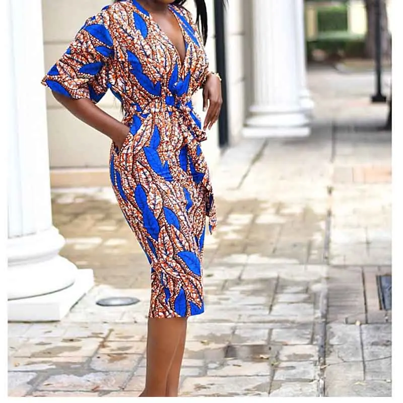 African women's summer fashion print V-neck dress straps slim elegant temperament with stretch comfort Photo Color | Женская одежда