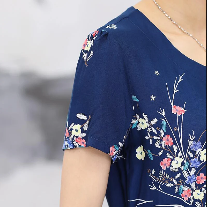 

Summer Women Dress Middle-aged Mother Loose Plus size Slim Fashion print Dress 2018 new Vintage Short Sleeve Cotton Dress LY842