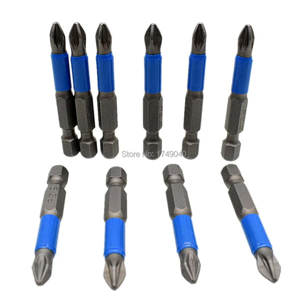 

10pcs Impact Pozidriv Screwdriver PZ2 Bit 50mm Long Magnetic Tip 1/4" 6.35mm Hex Shank Pz2 Pozi Non-slip Screw Driver Bits Set