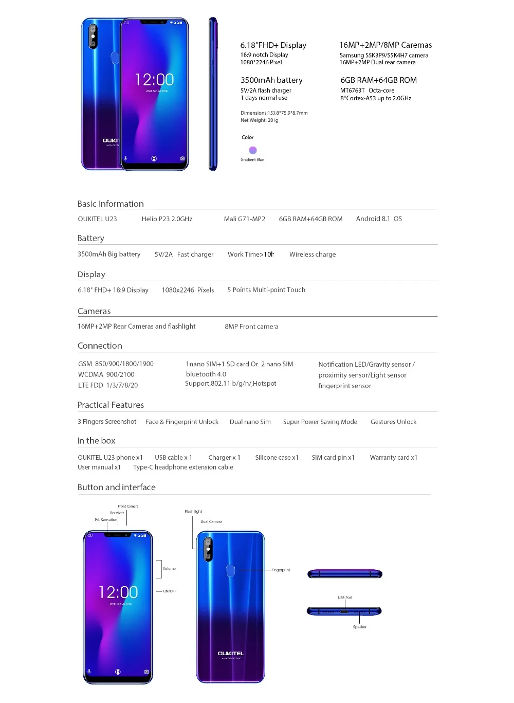 OUKITEL U23, 6,18 дюйма, дисплей с зазубриной, мобильный телефон, Android 8,1, MTK6763T Helio P23, Восьмиядерный, 6 ГБ+ 64 ГБ, Беспроводная зарядка, смартфон с функцией распознавания лица