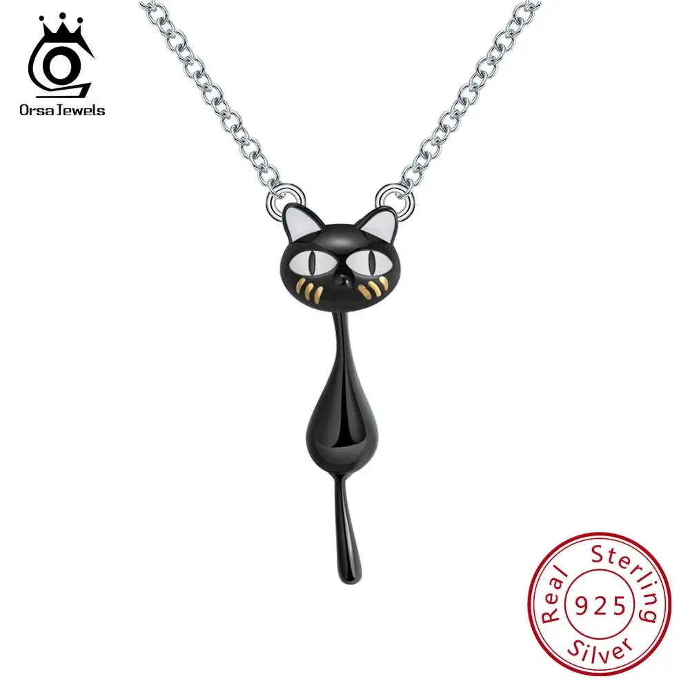 ORSA JEWELS, оригинальные женские ожерелья с черным котом и хвостом, подвески из натуральной 925 пробы, серебряные подвески, ювелирные изделия ASN101