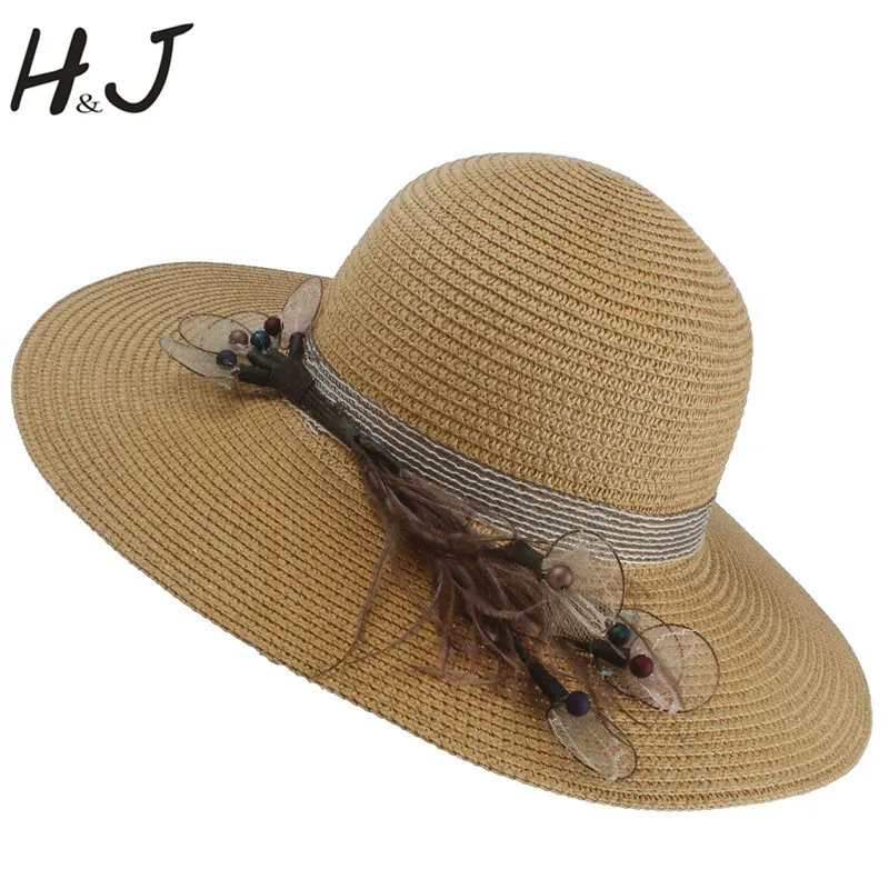 Женская соломенная шляпа с широкими полями модная пляжная перьями павлина