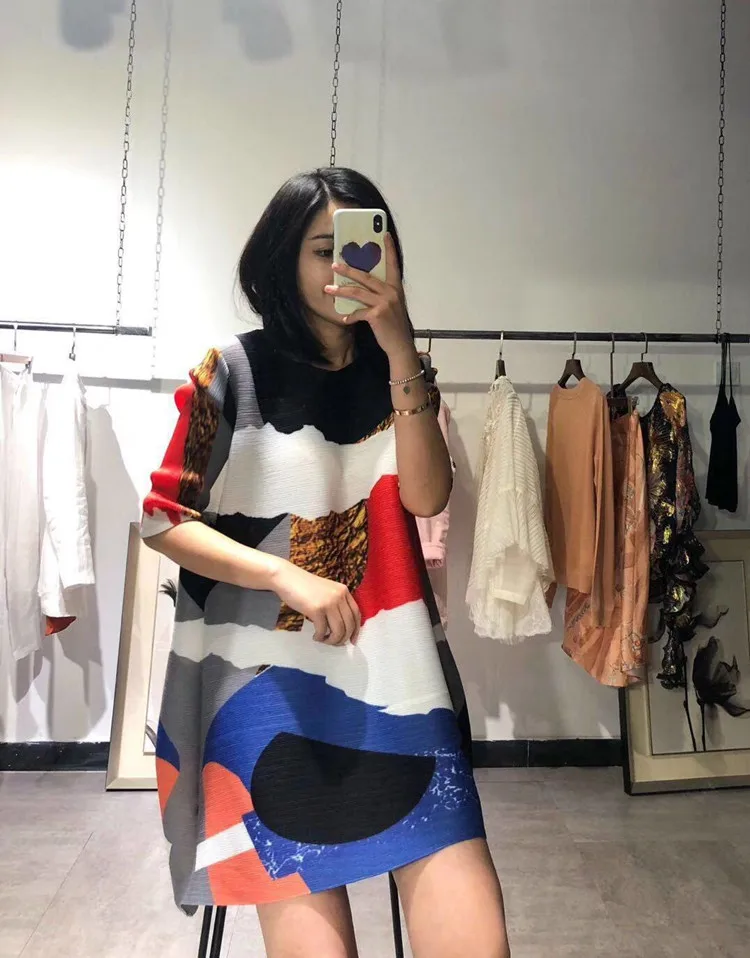 Changpleat Весна Новые принтованные женские футболки топы Miyak плиссированные Модные свободные женские футболки большого размера с круглым вырезом T9