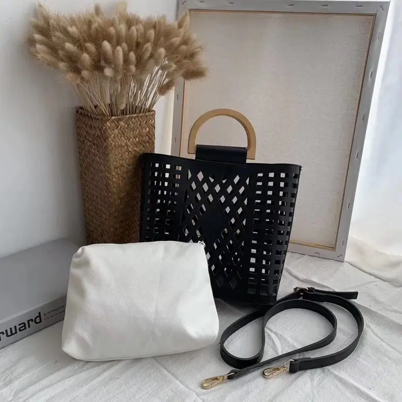 Women Bags Handbags 2019 Famous Brands Hollow Out Beach Bag Bolsa Feminina Wood handle tote bags PU leather shoulder bag S1890 | Багаж и