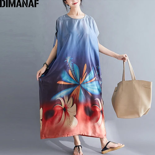 Jing95179CN-lan Женское макси-платье свободного кроя DIMANAF, винтажный свободный сарафан с цветочным рисунком и рукавом «летучая мышь», длинное летнее платье большого размера - Цвет: Jing95179CN-lan