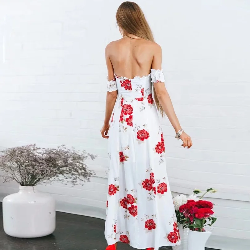Boho с открытыми плечами платье макси Цветочный принт и пуговицы спереди чешского