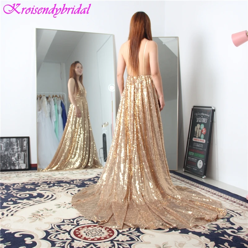 HSQ013 New Arrival Open Back Evening Dresses Spaghetti Straps Beautiful A Lince Gold Sequins Lace Gowns Prom 2019 Long | Свадьбы и
