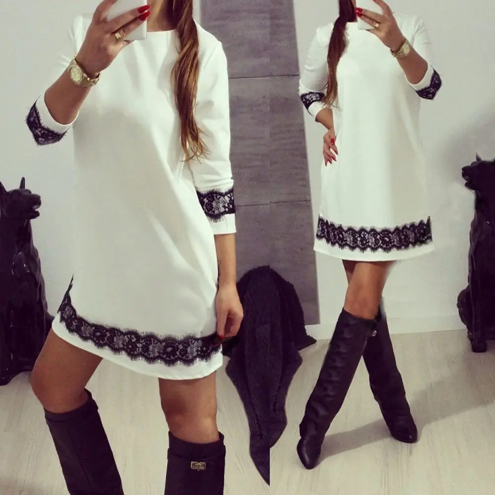 

U-SWEAR Autumn Winter Fashion New Women Lace Dress Casual O-Neck Long Sleeve Tunic Dresses Party mini Dress