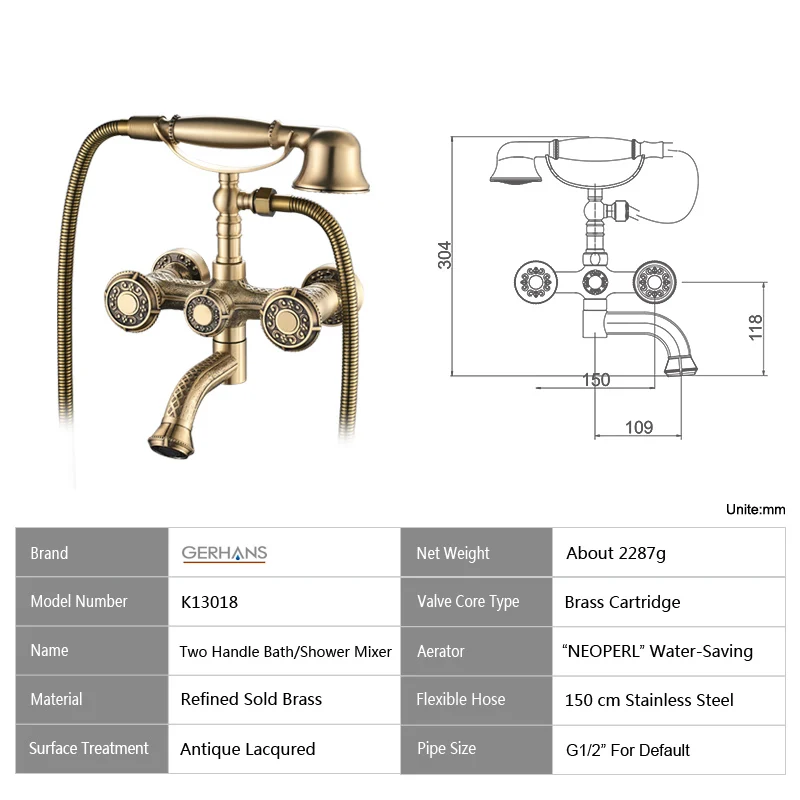 GERHANS Adoking Antique Bathtub Faucet All-Brass Vintage Retro Massage Shower head Wall Mounted Tub Mixer Tap K13018 | Обустройство