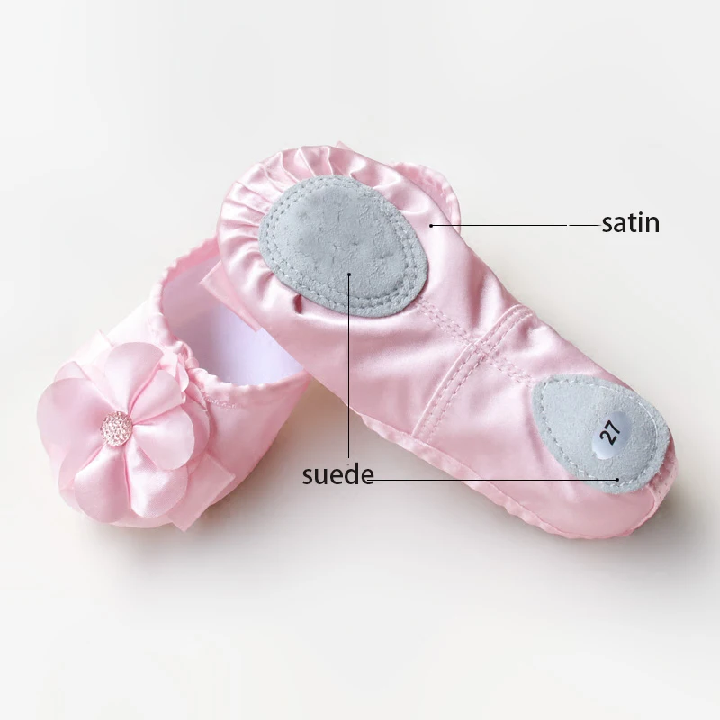 Ballet shoes pointe pink satin dance ballerina ballet flats for dancing flower upper suede sole slippers |