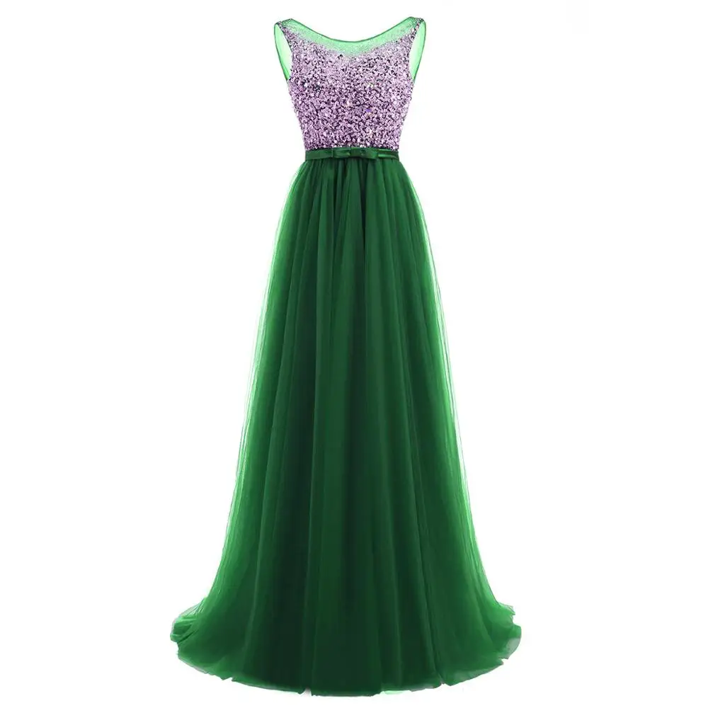 green Vestidos de Fiesta Длинные вечерние платья королевский синий тюль ТРАПЕЦИЕВИДНОЕ официальное длинное платье с круглым вырезом размера плюс - Цвет: green