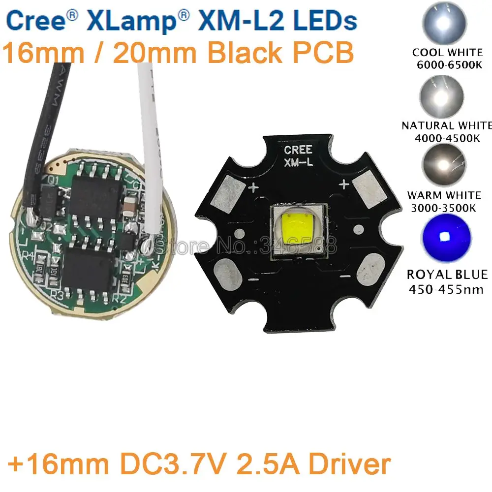 

Светодиодный излучатель высокой мощности, 16 мм DC3.7V 2.5A 5 режимов, Cree XML2, T6, холодный белый, нейтральный, белый, теплый белый, 10 Вт, черный, PCB