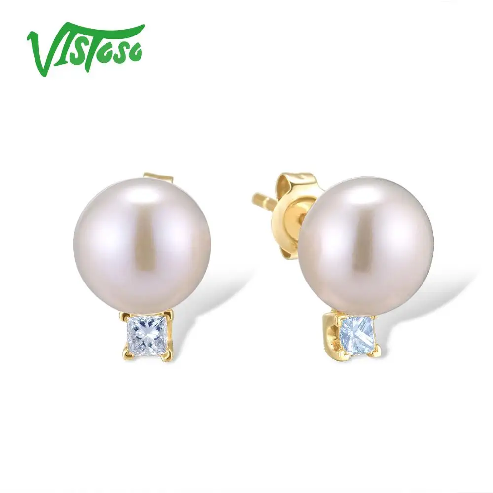 VISTOSO Pure 14K 585 серьги из желтого золота для женщин сверкающие алмазы свежая вода жемчуг уникальные модные элегантные изысканные украшения