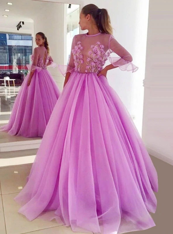 

Lilac Half Sleeve Quinceanera Dresses High Neck Prom Ball Gown Tulle Floral Appliques Backless Vestidos De 15 Anos Floor Length