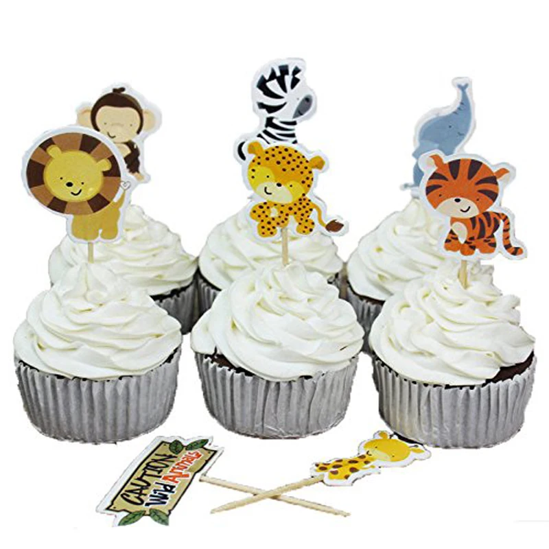 24PCS/Pack Animal Farm Cake Toppers Jungle Safari Party Cupcake Decoration Inserts Card for Kids ZQ976921 | Дом и сад