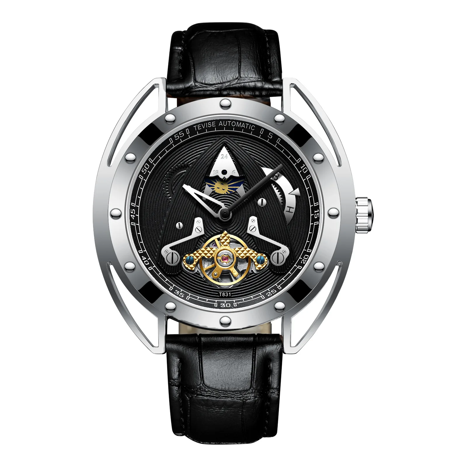 silver black Tevise, Мужские автоматические механические часы, водонепроницаемые, Tourbillon, спортивные, с автоматическим заводом, Лидирующий бренд, мужские наручные часы, Relogio Masculino - Цвет: silver black