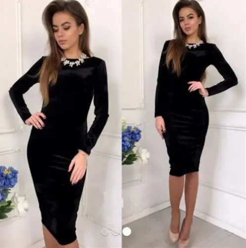Горячие для вечерние женщин коктейль Bodycon платья леди измельченный бархат миди с
