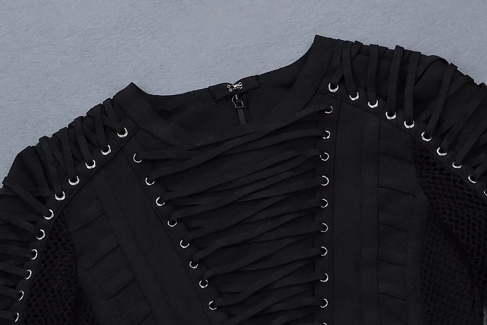 

2018 New black Hollow Out mesh Long Sleeve o neck Women Celebrity evening party Bandage Vestidos bodycon dress
