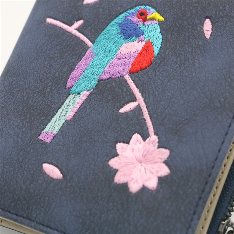 Женский кошелек с вышивкой птицы Portefeuille Femme на молнии, короткий кошелек, кожаный держатель для карт, зеленый, синий, розовый, черный, женские кошельки