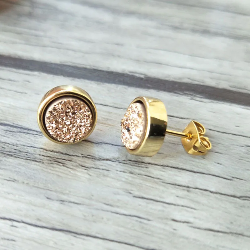 

Wholesale 5 pairs 10mm Round Shape Stone Stud Earrings,Natural druse crystal Titanium Druzy Gem stone Stud Earrings ER346