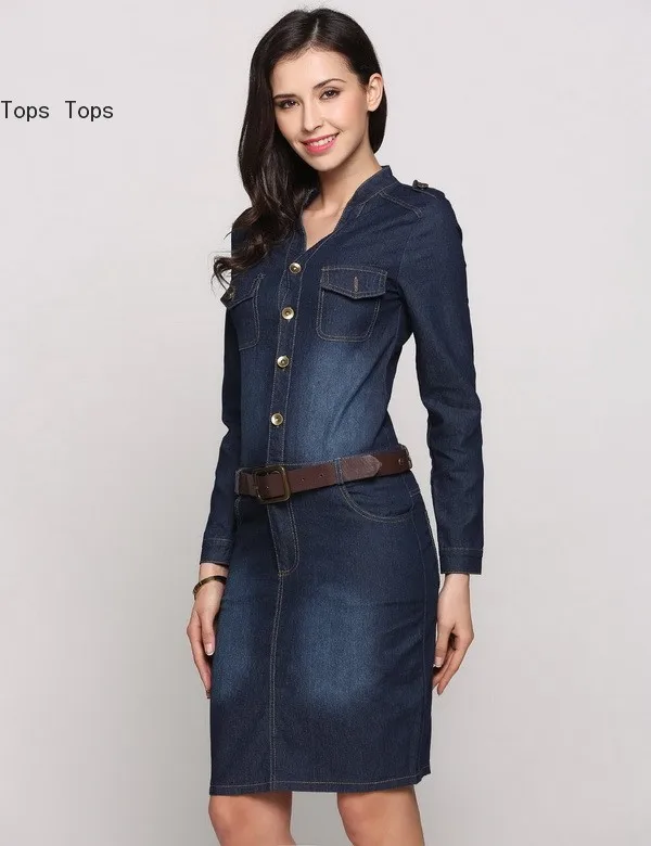 FANALA Women Summer Dress 2017 Fashion Bodycon Denim Dresses Long Sleeve V Neck Front Button Belted Office Pencil Vestidos |