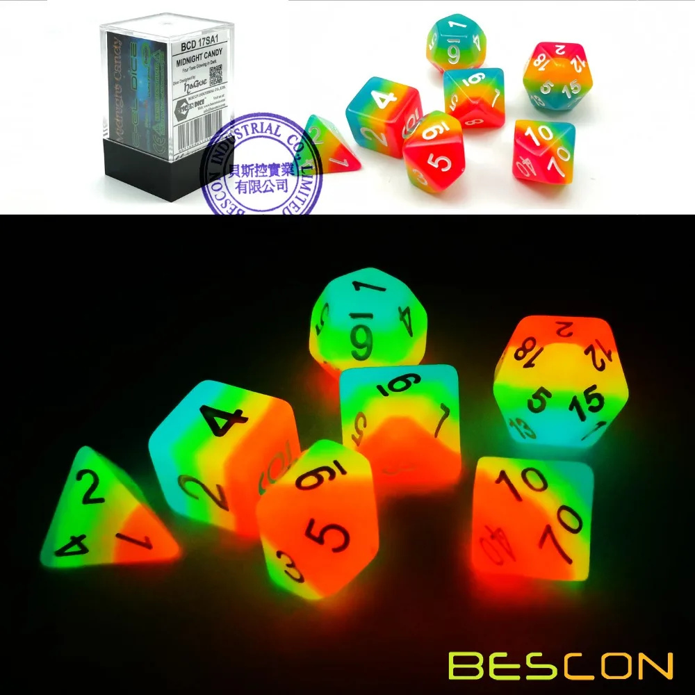 Фото Bescon фэнтезийные радужные светящиеся многогранные кости 7 шт. в комплекте полуночные конфеты, светящиеся в темноте блестящие кости, Новинка ... №1
