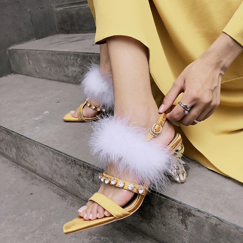 WETKISS Satin Strange Style Sandals Women Summer High Heels Sandals Female Crystal Shoes Woman Feather Party Luxury Shoes Ladies