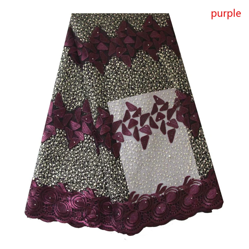 

African Latest Lace Fabric Swiss Nigerian Lace Wine Gold Blue Nigerian French Lace Beaded Tulle Fabric Wedding Lace 5 yards 2018