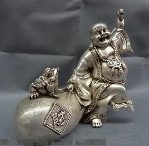 SHUN 14&quot Buddhism Silver Toad Happy Laughing Maitreya Buddha Money Bag Statue | Дом и сад