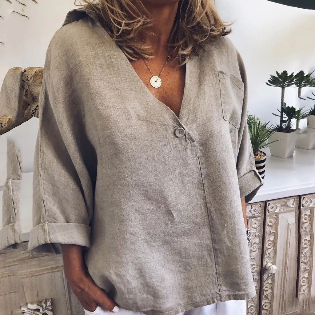

FREE OSTRICH Three Quarter Womens Tops And Blouses Automne V-neck Button Pocket Loose Autumn Clothing Blouse Et Chemisier Femme