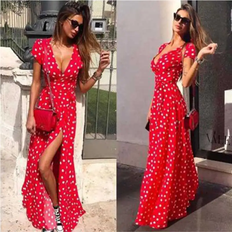 Liva girl летнее женское длинное платье красно белая точка для пляжа макси вечернее