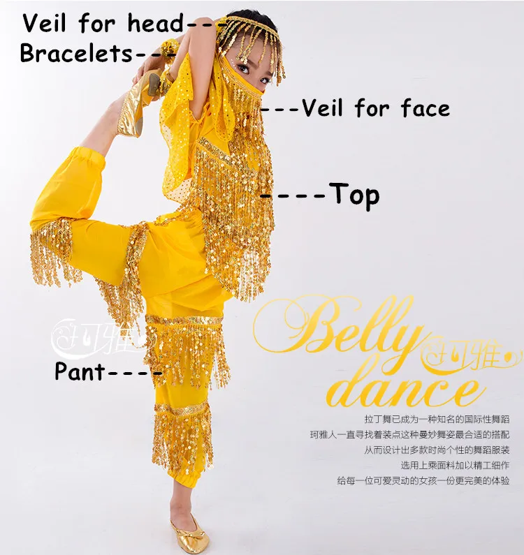 Yellow 5pcs Набор костюма для танца живота для детей девочек женщин Болливуд восточный индийский Египетский Топ для танца живота брючный костюм для выступлений - Color: Yellow 5pcs