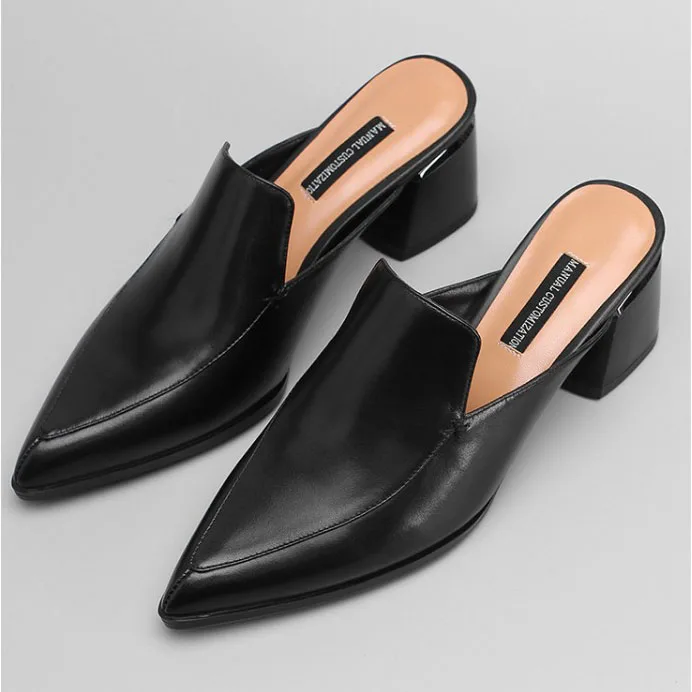 Женские туфли без задника Кожаные Классические шлепанцы на массивном каблуке