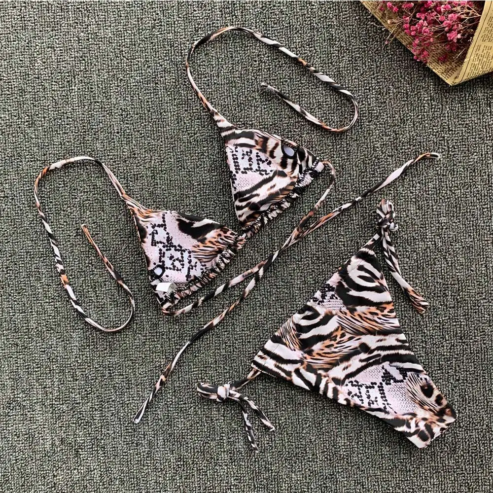 Бразильские сексуальные леопардовые бикини с ремешком комплект из двух